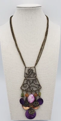 Colar de filigrana tom bronze roxo/dourado madrepérola/pingente de abalone - Imagem 1 de 4