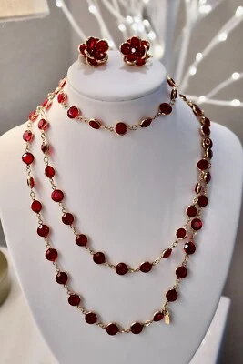 Swarovski Necklace Bracelet Earrings Set Bezel Red Gold Plated N197 - Image 1 of 3