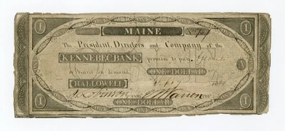 1824 $1 The Kennebec Bank - Hallowell, MAINE Note - Image 1 of 2