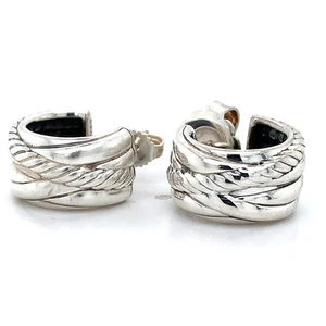 David Yurman Sterling Silver Cable Rope Crossover Huggie Hoop Earrings - Picture 1 of 12