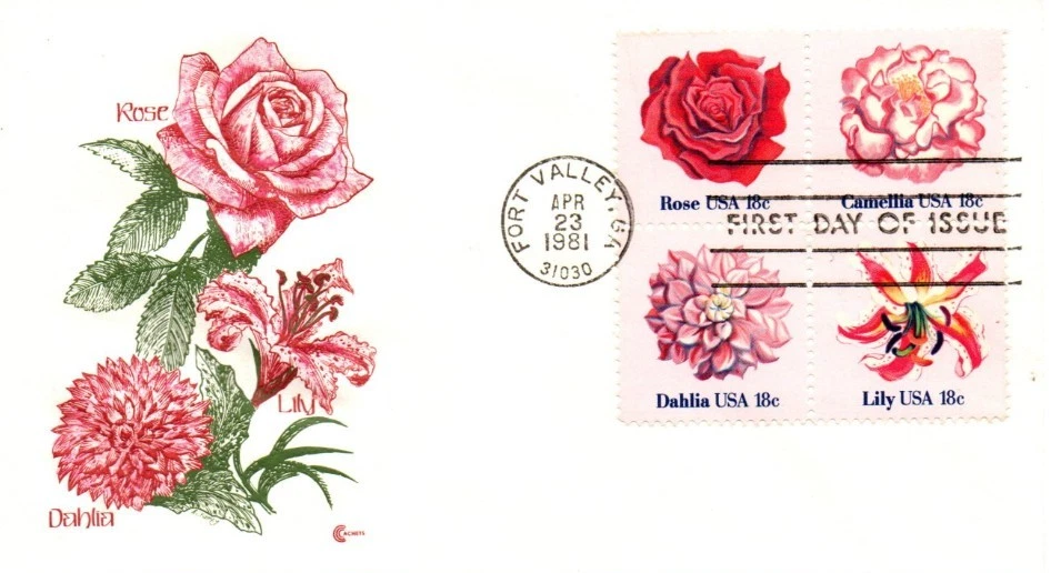 1981 COVER CRAFT CACHETS - First Day of Issue - FLOWERS, Block of 4 Comm. Stamps - Image 1 of 1