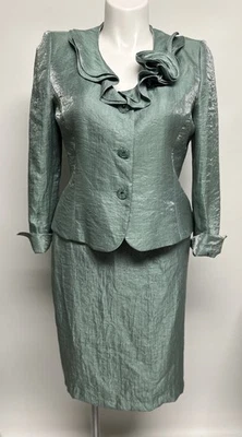 VTG Y2K Skirt Suit Ruffle Mother Of The Bride Sage Green Metallic Sz 14 P Glam - Image 1 of 4