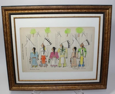 GEORGE CURTIS LEVI CHEYENNE NATIVE AMERICAN LEDGER ART DRAWING "SUMMER CAMP" - Image 1 of 4