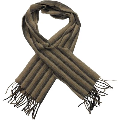 Lambswool Striped Scarf Classic Beige Brown Fringed Elegant Unisex - Image 1 of 4