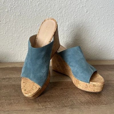 Stuart Weitzman Margarite Slide Cork Wedge Sandal 7.5 Blue Suede - Image 1 of 4