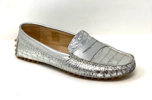 Saks Fifth Avenue Silver Metallic Croc Embossed Leather Driving Loafer Size 8.5M - Picture 1 of 12