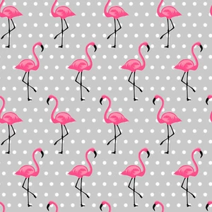 30 cm Dekostoff Baumwollstoff Stoff grau mit weißen Punkten und Flamingos - Bild 1 von 1