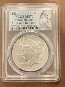 2024 - Dólar de plata Peace - PCGS - MS70 - Lanzamiento avanzado - Etiqueta Peace - Imagen 1 de 2