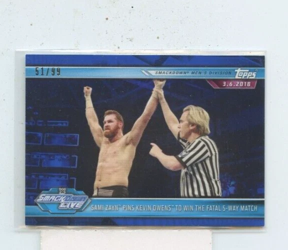 2019 Topps WWE Road to WrestleMania Blue Parallel #D /99 Sami Zayn pins Owens - Image 1 of 1