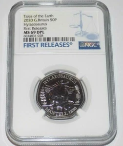 2020 GREAT BRITAIN 50P PENCE NGC MS69DPL HYLAEOSAURUS FIRST RELEASES Dino Coin - Picture 1 of 4
