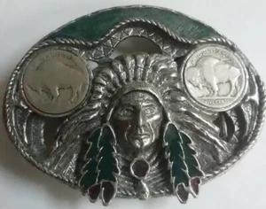 Native American Chief Enameled Dual 1930's Buffalo Nickel USA Made Belt Buckle - Picture 1 of 7