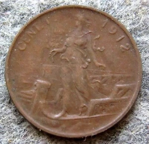 ITALY VITTORIO EMANUELE III 1912 1 CENTESIMO, FEMALE STANDING ON PROW OF A SHIP - Picture 1 of 6