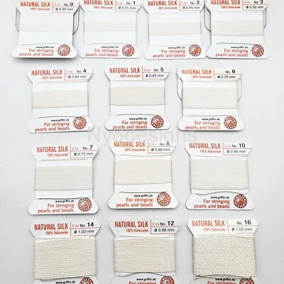 Hilo de seda natural blanco con aguja 2 m tamaño 0-16 cordón de perlas, hecho en Alemania Foto 1 de 4