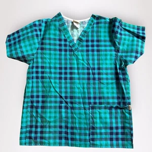TAFFORD Blue & Green Plaid Scrub Top Size Medium - Picture 1 of 4