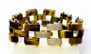 Rarities 14K Gold Clad Sterling Tiger's Eye & White Zircon Link Bracelet HSN - Picture 1 of 13