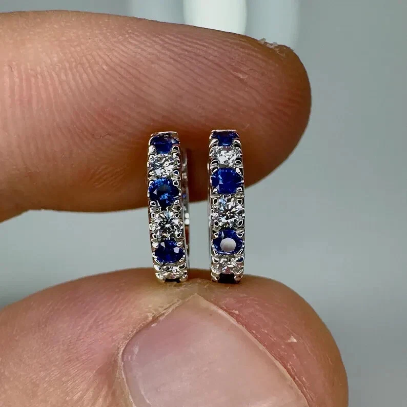0.40CT Round Natural Sapphire & Diamond Hoop Earrings For Women 14k White Gold - Image 1 of 4