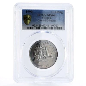 Vietnam 10 dong Wildlife Fund Crested Gibbons Fauna MS69 PCGS CuNi coin 1990 - Picture 1 of 2