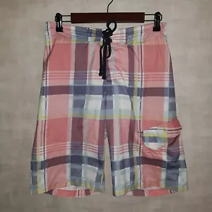 Red Camel Plaid Lightweight Preppy Polyester Swim Trunks Board Shorts w/ Pockets - Picture 1 of 12
