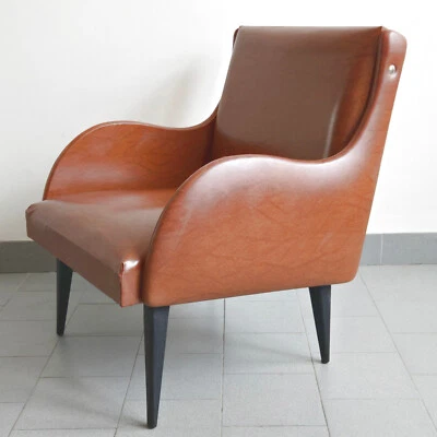 Sillón Vintage 1960 Francés IN Cuero sintético Habana y Madera Lacado Negro Años 60 Foto 1 de 4