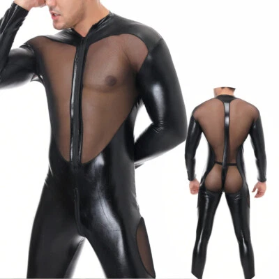Sexy Para Hombres Cuero Gato Body Mono PVC Ropa de club nocturno Disfraz Mamelucos Disfraz Foto 1 de 4
