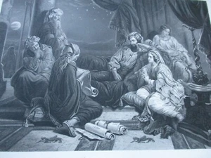 Judaica, Fine Purim Engraving, Scribe reading chronicle to Ahasuerus - Picture 1 of 5