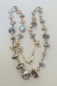 Vintage Sterling Silver Baroque Pearl Station Wire Wrapped Link Chain Necklace - Picture 1 of 12
