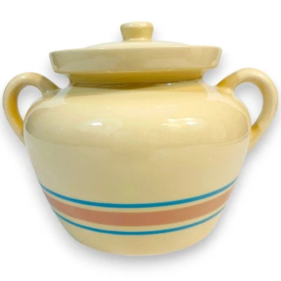 McCoy Crock Casserole Bean Pot Vintage Blue Pink Stripe 342 With Lid 6x9  - Image 1 of 4