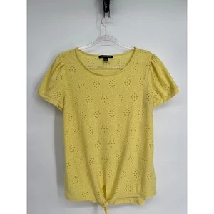 Carolyn Taylor Eyelet Tie-Front Top Puff Sleeve Short Sleeve Yellow Large - Picture 1 of 11