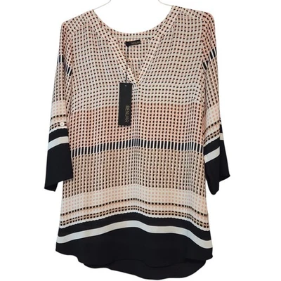 Renuar NWT Tunic Blouse, V-neck Three Quarter Sleeves Pink & Black sz Medium  - Image 1 of 4