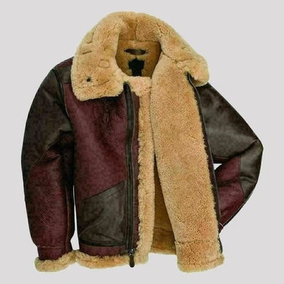 Mens Maroon RAF Aviator Fur Shearling B3 Flying Brown Bomber Real Leather Jacket - Image 1 of 3