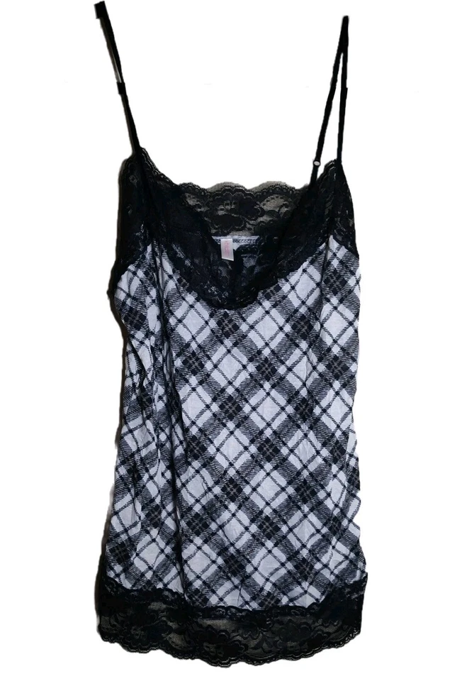 Xhilaration Y2K Black Kennesaw Plaid Babydoll Tank Top Lace Accents Size Medium - Image 1 of 4