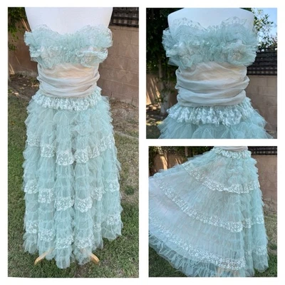 Antigo Vestido de Formatura Aldens 50’s Azul Aqua Rosa Renda Tule Camadas Sem Alças 24” Tamanho 4 - Imagem 1 de 4
