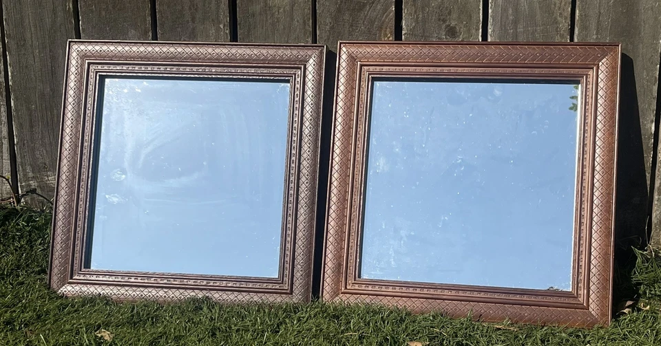 Pair 13” Square VTG Solid Wood Framed Carved Accent Mirrors THOMASVILLE 1980s - Image 1 of 4