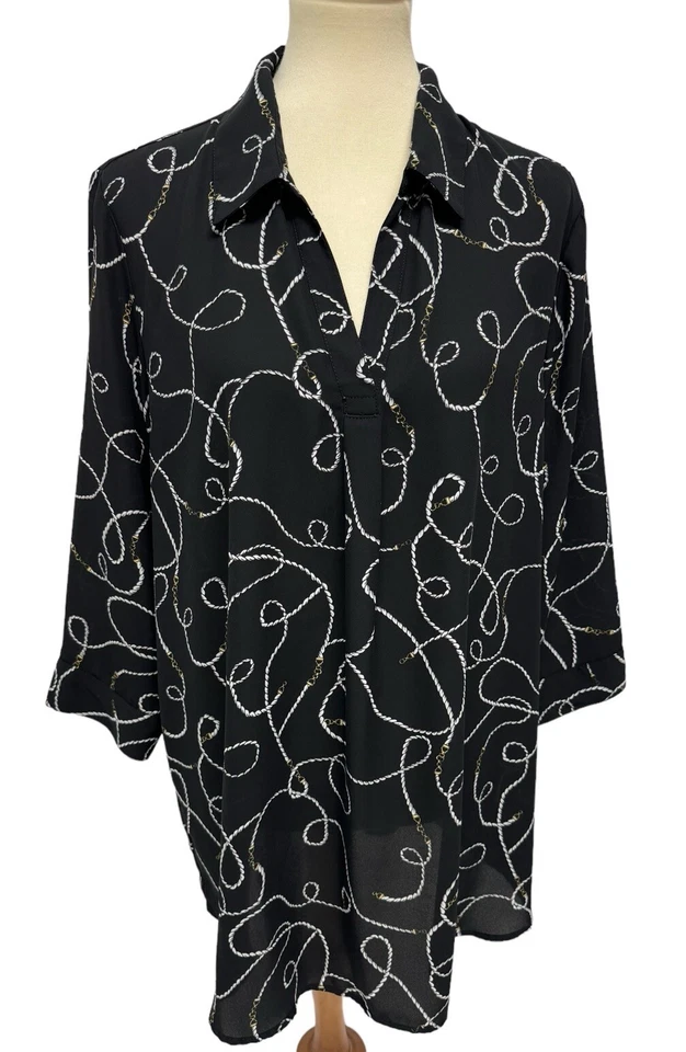 Anne Klein 女式长袖黑白 V 领衬衫 XL 码 — 第 1/4 张图片