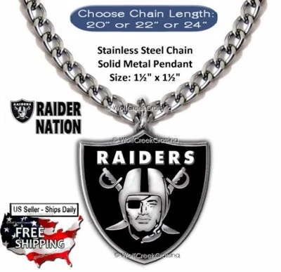 LARGE VEGAS RAIDERS NECKLACE Stainless-Steel Chain NFL Football RAIDER NATION' - Image 1 of 4