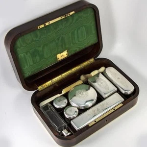 Antique French Vanity Travel Set, Hardwood Case by DUBREUIL, Inkwell & Jars - Picture 1 of 7