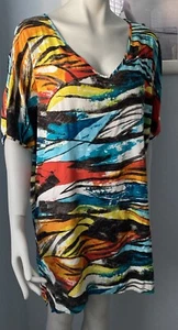 Jams World Blackjack Print Sz L  Hawaiian Tunic Top Short Dress Cold Shoulder - Picture 1 of 24