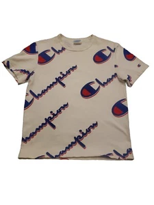 Champion White Tshirt All Over Logo Blue Red Logo Unisex Size M Vintage - Picture 1 of 9