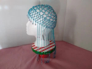 Vintage 1920s Style Beaded Flapper Headpiece Cap Fringe Great Gatsby Blue Silver - Picture 1 of 12