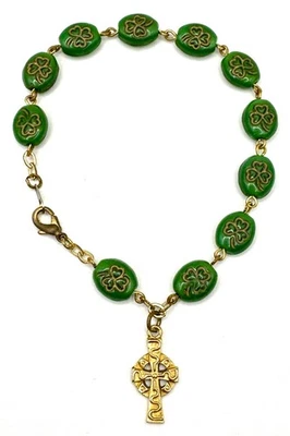 Vintage Ceramic Shamrock Celtic Beaded Gold Tone Rosary Bracelet Irish - Image 1 of 3