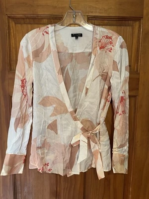 Massimo Dutti Size 2 Silky Floral Satin Wrap Tie Top Blouse Long Sleeve - Image 1 of 4