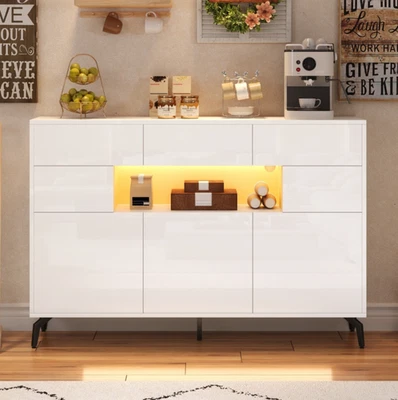 Moderner Sideboard Kommode Anrichte Schrank mit LED Beleuchtung Weiß Hochglanz - Bild 1 von 4