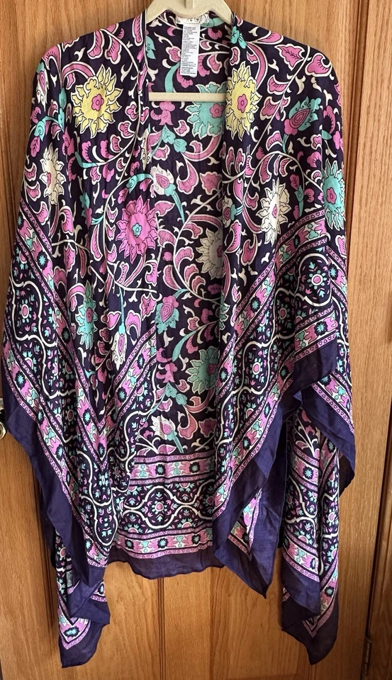 Free People Magic Dance Border Kimono Plum Combo One Size Boho Rayon Shawl Robe - Image 1 of 4