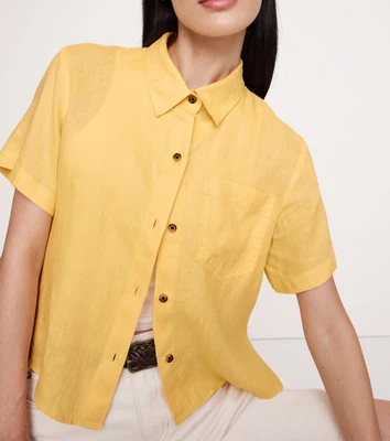 NUEVO CON ETIQUETAS Banana Republic Mujer RT$90 Amarillo 100% Euro Lino Cuadrado Manga Corta Camisa M Foto 1 de 4