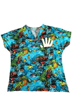 Scrub Top Blue Aquatic Marine Fish Coral V-Neck Medical Scrub! Men’s LARGE - Image 1 of 4