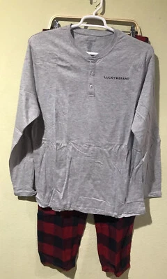 2 Pc Lucky Brand PJ Sleep Set Gray Long Sleeve Top Plaid Fleece Pants Sz XL O1 - Image 1 of 4