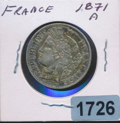 FRANCE - 1871 - 2 FRANCS  - CERE - SILVER - TONED XF  - #1726 - Image 1 of 2