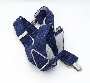 Men's Vintage Navy Blue Spotted Silver Tone Clip On Braces Suspenders - Picture 1 of 2