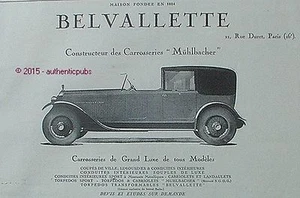 PUBLICITE BELVALLETTE CARROSSERIE MUHLBACHER COUPE TORPEDO DE 1925 FRENCH AD CAR - Picture 1 of 1