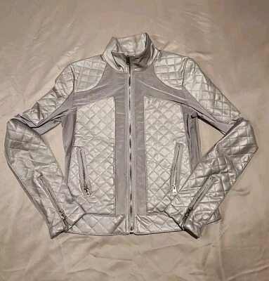 BKE Chaqueta de Cuero Sintético Malla Gris Mujer XS Cremallera Acentos Elegante! Foto 1 de 4